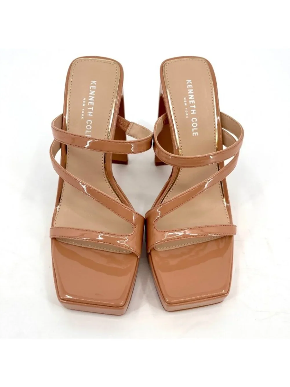 Kenneth Cole Tala Platform Heels Size 7M Buff Patent Strappy Square Toe Sandals